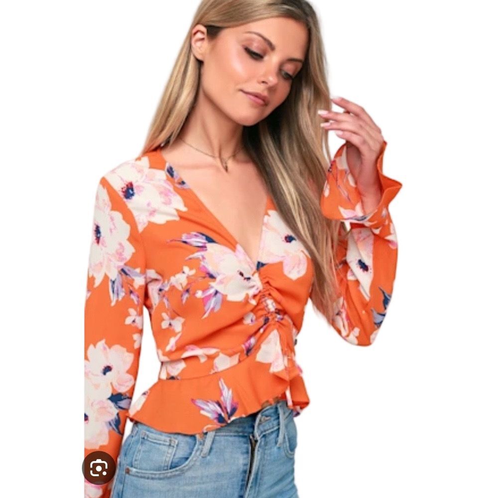 Lulu's Paradise Bliss Vibrant Orange Floral flounce sleeve Top